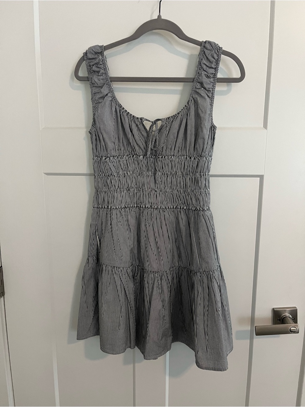 Anthropologie Black and White Striped Smocked Tiered Mini Dress